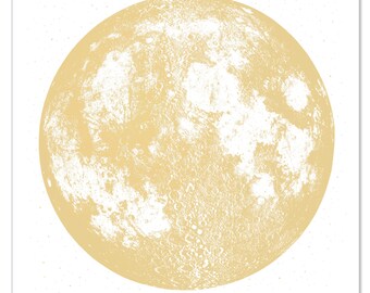 Bright Gold Moon Print, Square 22x22 large screenprint, metallic ink on white sturdy stellar cotton paper, luna lunar wall art, space, stars