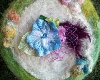 Small Feather Hair Clip, Purple Tulle and Hydrangea Blossoms