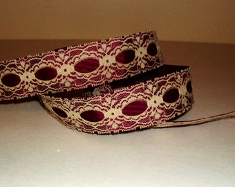 Vintage Maroon Ribbon Lace trim, Scrapbooking Trim, Wedding Trim, 1 1/2 inch wide, 10 yards, Victorian trim L3005