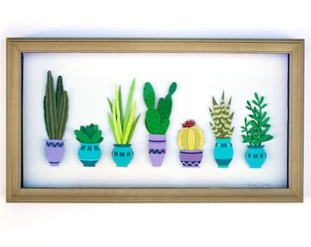 Cut Paper Row of Cacti (Cactuses) Framed and Ready-to-Hang