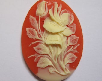 Ivory Hibiscus Flower Acrylic Cornelian Vintage Look Cameo Jewelry Cabochon Pendant 40mm x 30mm