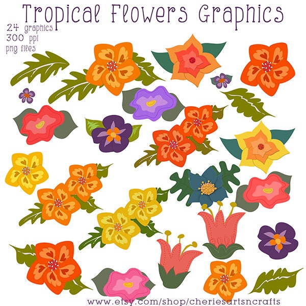 Tropical Flowers Graphics Instant Download Digital Graphics