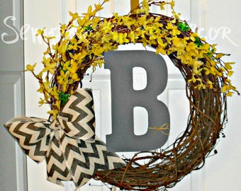 Forsythia Wreath, Yellow Wreath, Monogram Wreath, Yellow Flower Wreath, Monogrammed Wreaths, Grey Yellow Wreath, Yellow Forsythia, Monogram