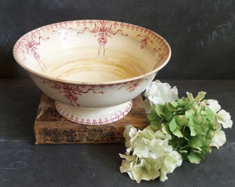 Antique French Serving Bowl . Shabby Transferware pink Flore Large Serving Bowl Gien .