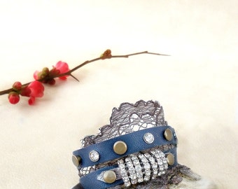 Dark blue wrap bracelet, blue leather lace cuff, rhinestone leather bracelet, boho jewelry