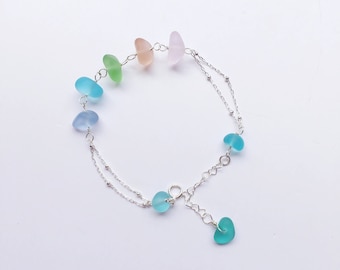 Handmade Sterling Silver Sea Glass Bracelet, Adjustable Sterling Silver Chain Bracelet, Sea Glass Jewelry, Beach Glass Jewelry