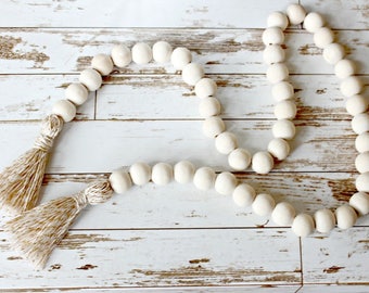 Wooden Bead Garland, Rustic Home Decor, Tassel Garland, Wood Garland, Country Decor, Minimalist Decor, Shelf Decor, Home Housewarming Gift