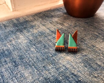 Vintage Signed 1950's Mid-Century Modernist Designer Signed MATISSE RENOIR Turquoise Enamel Copper Earrings