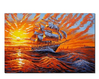 Large Wall Art, Canvas Oil Painting, Sunrise Painting, Canvas Art, Abstract Art, Oil Painting, Ship Painting, Abstract Painting, Large Art