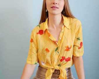 Pretty Soft Yellow Short Sleeve Blouse with Red Flowers