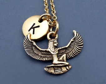 Isis necklace, Egyptian goddess Isis, Gold Isis, Winged Isis, Egyptian theme, Aset, Iset, initial necklace,personalized, monogram