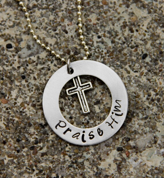 Metal Hand Stamped Washer Necklace with Religious Saying and