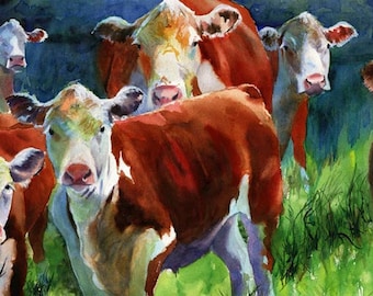 Hereford Cow Art painting Print of my watercolor painting Curious Cows