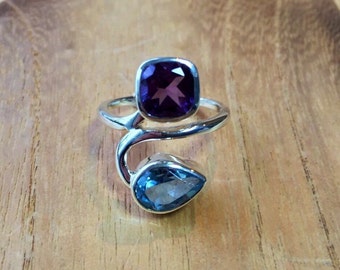 Multi-Stone Amethyst Blue Topaz Ring // 925 Sterling Silver // Natural Stones // Size 7