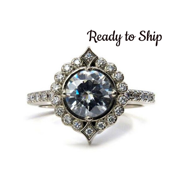 Ready to Ship Size 6 - 8 - Moissanite Pointed Diamond Halo Engagement Ring with Grey Moissanite Center Stone - 14k Palladium White Gold
