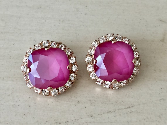 Peony Pink & Clear Swarovski Crystal Clip On Earrings, Rose Gold