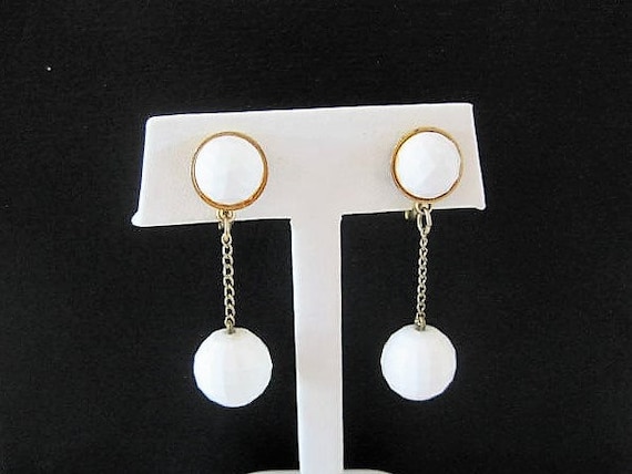 Monet White Earrings, Dangle Lucite Beads, White Drop Clip Ons