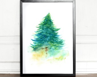 Evergreen Tree Watercolor Painting Framed 3x4