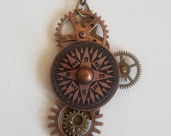 Rustic Compass Gear Necklace