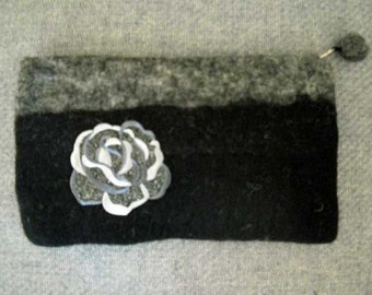 Black and Grey Felted Wool Clutch Bag Glitter Rose Embellished