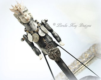 Miniature Santos Inspired Angel Art Doll Relic Look Sculpted Wood Cage Handmade Crown Religious Miniature Santos Doll Lorelie Kay Original