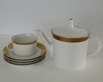 Rosenthal Tea Pot 1 Cup, and 4 Saucers. White with Gold Band.