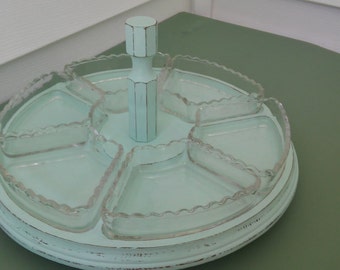 A Vintage Mid-Century Wood Up-Cycled Mint Green Lazy Susan Party Serving Tray