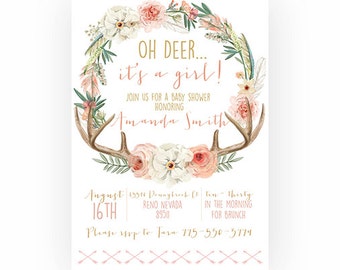 Woodland Baby Shower Invitation Girl, Boho, Oh Deer, Antler, Rustic (374)