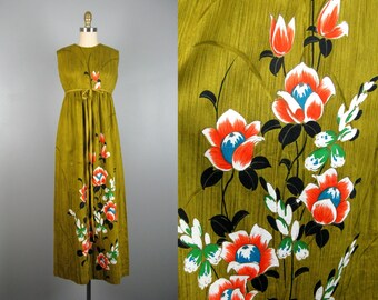 Vintage 1960s Cotton Hawaiian Dress 60s Olive Green Floral Print Dress by Stan Hicks Size S