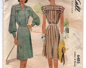 1940's McCall One-Piece Dress with Two Sleeve Options Pattern - Bust 38" - No. 6485