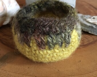 Little Crocheted & Felted Treasure Bowl - Yellow and Earth Tone