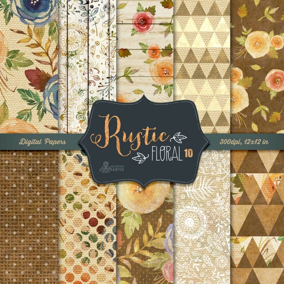 Rustic Floral: 10 Digital Papers. Country watercolor floral