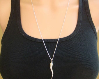Long Italian Horn Necklace for Her - 925 Sterling Silver - Bridesmaid Necklace - Good Luck Friendship Necklace - Cornicello - Cornetto N004