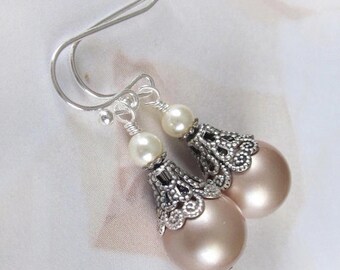 Champagne Pearl Earrings, Mother of The Bride, Bridesmaid Earrings, Vintage Style Pearl Drop Wedding Earrings, Wedding Jewelry, Silver