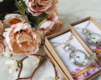 Watch Necklace, fob watch, pendant necklace, long necklace, small gift, bridesmaid gift, rose necklace, pocket watch, clock necklace