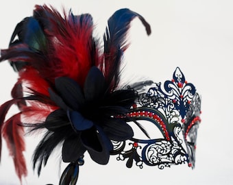 masquerade mask, masquerade mask with a stick and feathers, laser cut metal mask black and red crystals