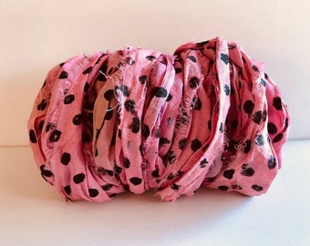 Silk Sari Ribbon-Recycled Pink Polka Dot Sari Ribbon-10 Yards
