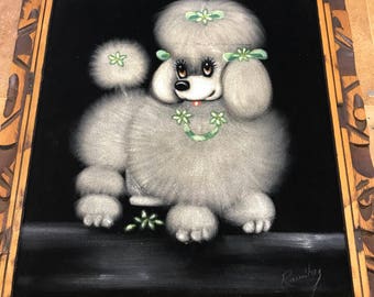 Vintage Framed Black Velvet Painting of a Poodle Signed