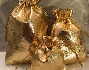 Set of 5 Shiny, metallic gold fabric gift pouches - choose a size