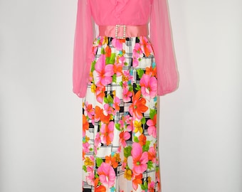 60s hot pink gown / 1960s floral maxi dress / vintage chiffon dress