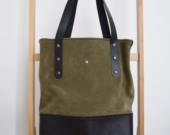 Woodland Green and Black Leather Tote Bag