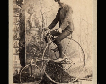 Rare Antique Photo ID'd Man Riding 1888 SMITH STAR High Wheel Safety Bicycle
