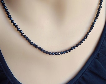 Black Onyx faceted beads strand necklace with sterling silver closure