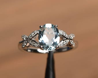 natural aquamarine ring anniversary ring March birthstone oval cut blue gemstone sterling silver prong setting