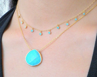 Gold Turquoise Layering Necklace, Gold Framed Turquoise Necklace, Teardrop Turquoise Necklace, Turquoise Pendant, Boho Necklace