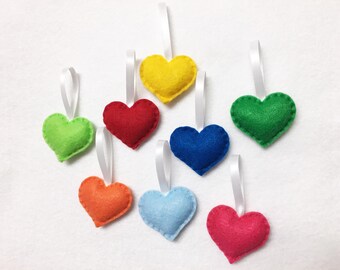 Heart Ornament, Felt Ornament Set - Rainbow Love - 8 Hearts