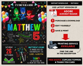 PJ Masks Invitation, PJ Masks Birthday Invitation, PJ Masks Invitation Instant Download, Pj Masks Invitation Personalized, Pj Masks Party