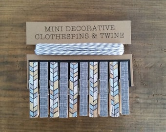 Mini Clothespins with Grey Twine. Shades of Grey, Blue and Yellow Fishbone. Card Holder. Photo Clothesline. Kids Art Display.