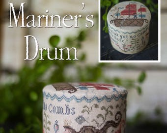 PLUM STREET SAMPLERS Mariner's Drum at thecottageneedle.com Memorial Day 4th of July Sailing Ship mermaid pirates
