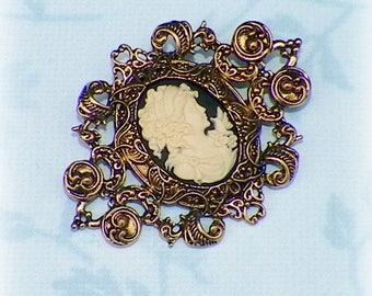 Cameo Victorian Pin Brooch Black Classic Lady Gothic Vintage Style Steampunk Antique Gold Style